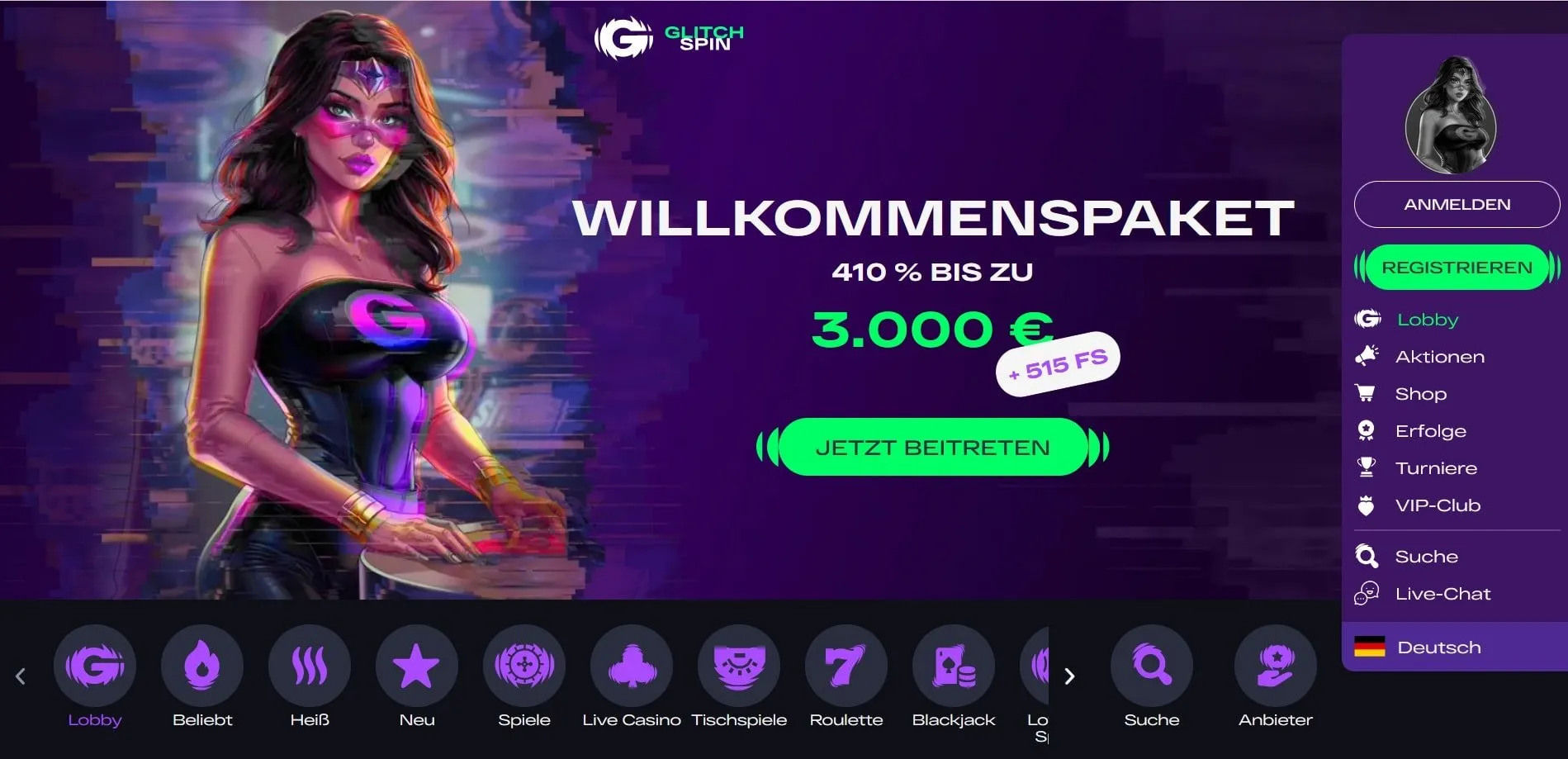 GlitchSpin Casino Startseite